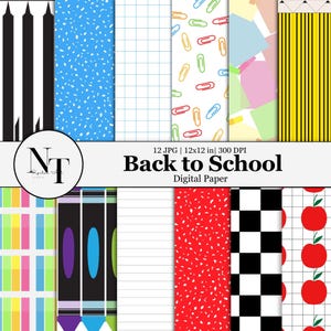 Back to School Digital Paper Seamless Pattern,Notebook, Pencil, Paper Clip, Apple Patterns, Teacher Planner, Classroom Decor, Scrapbooking