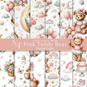 Papier numérique rose ours en peluche, motif bébé ours, chambre de bébé fille sans couture, album d'ours en peluche, cadeau pour fille, ours en peluche aquarelle,