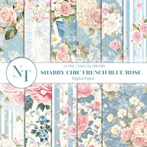 May include: A digital paper pack with 12 floral patterns featuring blue, pink, and white roses on a light blue background. The text "SHABBY CHIC FRENCH BLUE ROSE" is at the top of the image.
