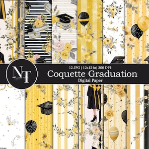 May include: A collection of digital paper designs with a graduation theme. The designs feature yellow and black stripes, floral arrangements, graduation caps, and balloons. The text on the image reads "Coquette Graduation Digital Paper". Each paper is 12x12 inches.
