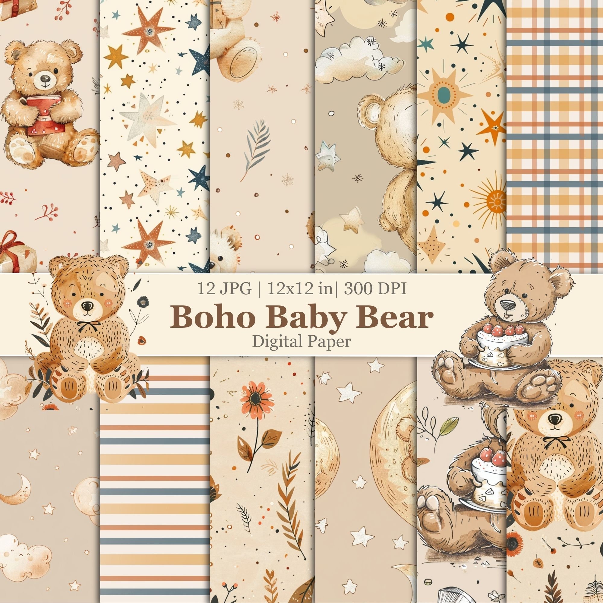 Boho Teddy Bear Digital Paper, Nursery Seamless Pattern, Baby Shower ...