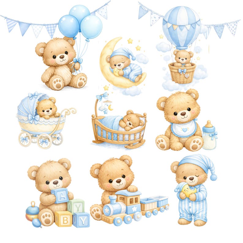 Teddy Bear Baby Shower Clipart Blue Coquette Bow Frame PNG, Watercolor ...