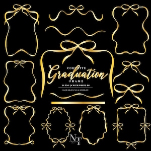 Puede incluir: Una colección de marcos de graduación dorados y elementos decorativos sobre un fondo negro. La imagen incluye varias formas de marcos, lazos y el texto "COQUETTE GRADUATION FRAME". El texto también incluye "14 PNG | 6 WITH WHITE BG".