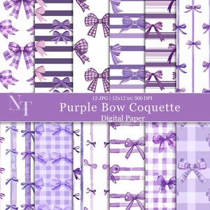 May include: Twelve digital paper designs featuring purple watercolor bows on various backgrounds, including stripes, gingham, and solid white. The text "Purple Bow Coquette Digital Paper" is displayed at the bottom of the image.
