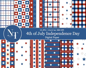 4th of July Digital Paper Pack, Patriotic Seamless Pattern, Patriotic Stars and Stripes  Scrapbook Paper, USA Independence Day Background