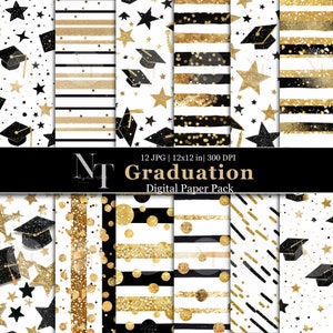 Papel digital de graduación con patrón sin costuras, clase de 2024, papel imprimible con rayas negras y doradas brillantes, graduación con fondo de estrella