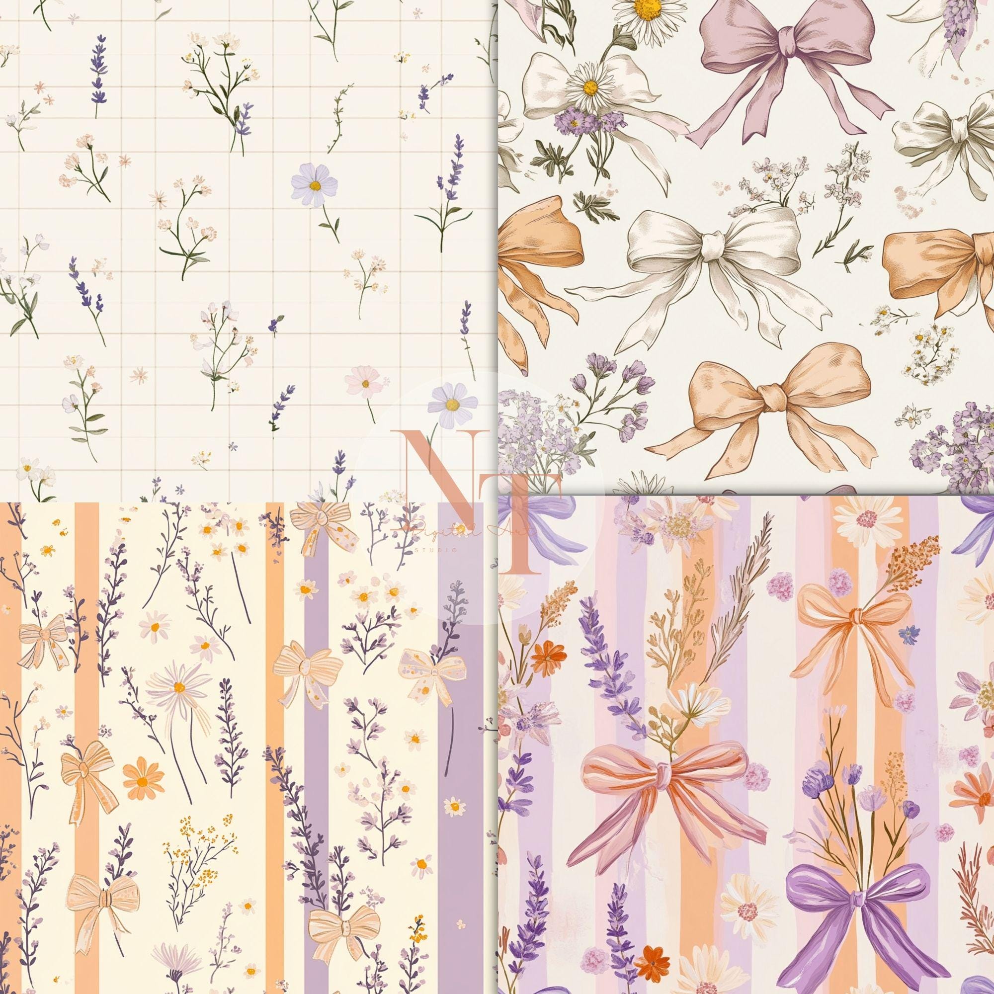 Coquette Bow Wildflower Digital Paper, Spring Floral Seamless Pattern ...