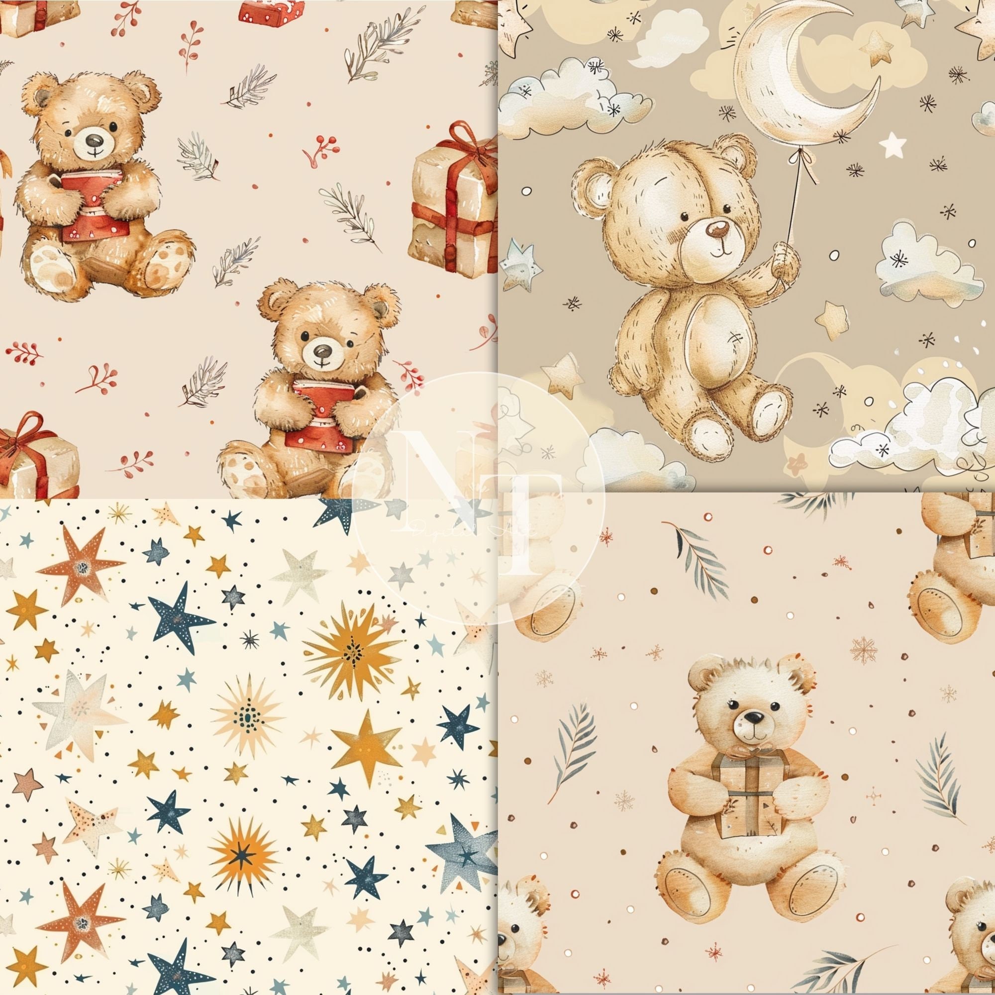 Boho Teddy Bear Digital Paper, Nursery Seamless Pattern, Baby Shower ...