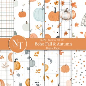 Op de afbeelding: Een set van 12 digitale papieren met een boho herfst- en autumnthema. De papieren bevatten verschillende patronen met pompoenen, bladeren en ruitjes in tinten oranje, bruin, grijs en wit. De papieren zijn 12x12 inch en 300 DPI.