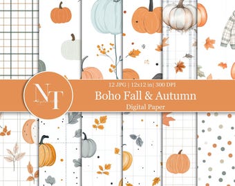 Watercolor Boho Fall Autumn Digital Paper, Pastel Pumpkin Seamless Pattern, Printable Scrapbook Paper, Cozy Neutral Digital Download