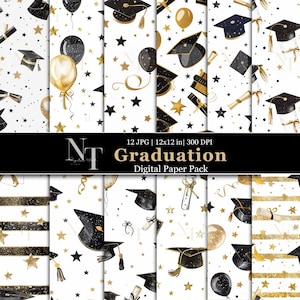 Modello di carta digitale per laurea senza soluzione di continuità, classe del 2024, carta stampabile con strisce nere e oro glitterato, laurea con sfondo stellato