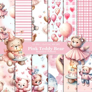 Papier numérique rose ours en peluche, motif bébé ours, chambre de bébé fille sans couture, album d'ours en peluche, cadeau pour fille, ours en peluche aquarelle,
