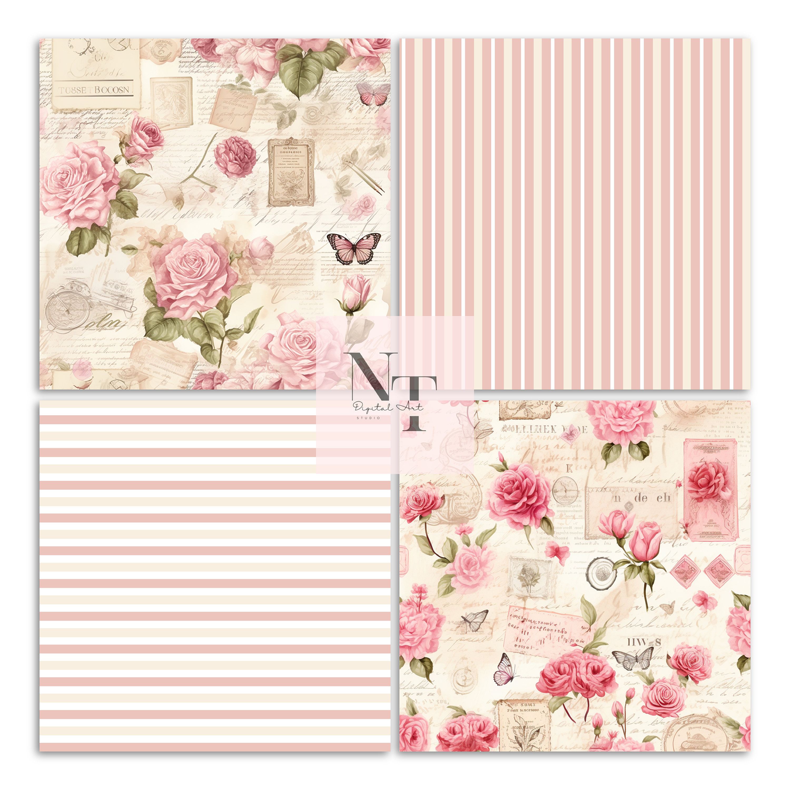 Pink Rose Vintage Valentine Digital Paper Pack: Shabby Chic for ...