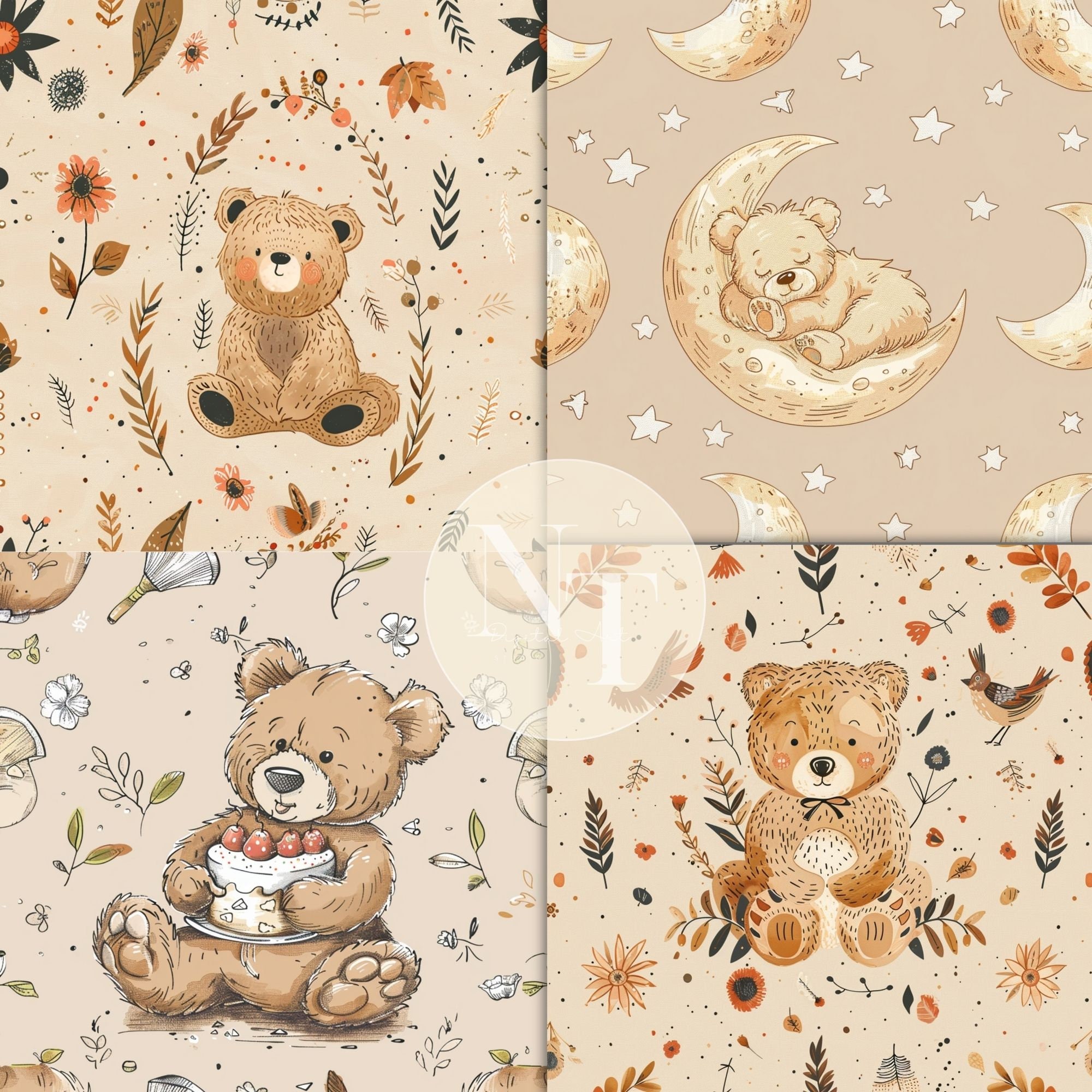 Boho Teddy Bear Digital Paper, Nursery Seamless Pattern, Baby Shower ...