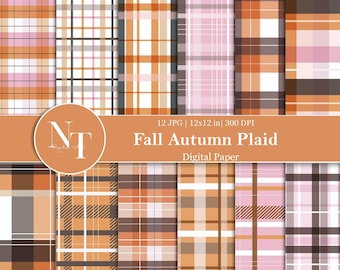 May include: A collection of digital paper featuring various plaid patterns in fall colors. The designs include orange, pink, brown, and white, arranged in a grid. The text "Fall Autumn Plaid Digital Paper" is displayed on a banner.