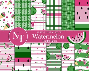 Watermelon Digital Paper, Summer Fruit Seamless Pattern, Pink and Green Stripes Checkered Printable Paper