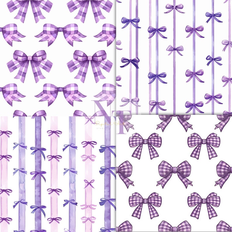 Purple Bow Coquette Digital Paper, Baby Shower Seamless Pattern ...