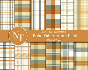 May include: A collection of twelve digital papers featuring various plaid patterns in autumnal colors. The designs include stripes and checks in shades of orange, green, cream, and gray. The text reads "Boho Fall Autumn Plaid Digital Paper". Each paper is 12x12 inches.