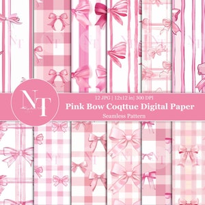 Papel digital coquete de laço rosa, padrão sem costura para chá de bebê, álbum de recortes para impressão para berçário de menina, laço digital para menina, guingão rosa