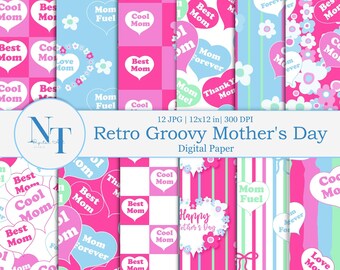 Groovy Retro Mothers Day Digital Paper, Mom Seamless Pattern,  Pink  Heart Scrapbook Paper, Journal Card Making Gift for Mom