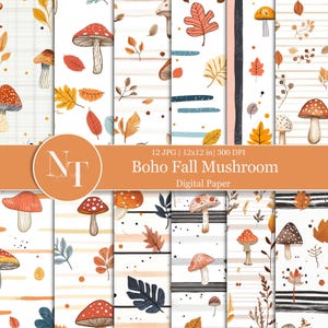 Aquarel paddestoel digitaal papier, pastel paddestoel naadloos patroon, Boho herfst afdrukbaar plakboekpapier, gezellige neutrale digitale download