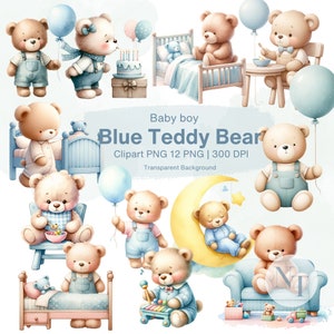 Watercolor Blue Teddy Bear Clipart, Blue baby shower boy PNG Sublimation Bundle, Baby Shower for boy, Nursery Decor Transparent Background