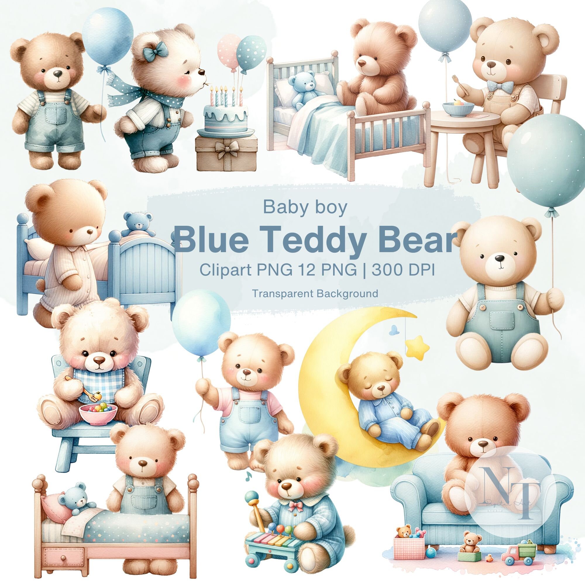Watercolor Blue Teddy Bear Clipart, Blue Baby Shower Boy PNG ...
