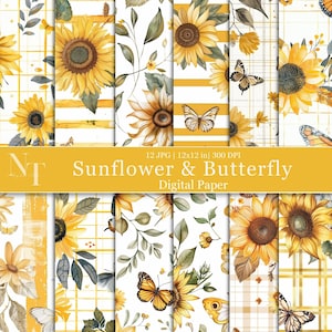 Papier numérique aquarelle tournesol & papillon, motif floral sans couture d'été, papier imprimable scrapbooking rayures jaunes, téléchargement immédiat
