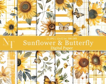 Watercolor Sunflower & Butterfly Digital Paper, Summer Floral Seamless Pattern, Yellow Stripes Scrapbook Printable Paper, instant download