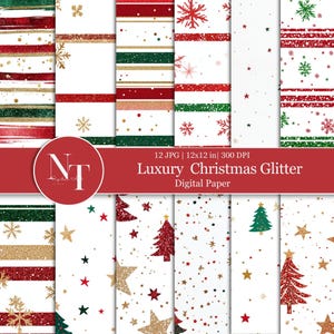 Papier numérique de Noël scintillant de luxe, rayures rouges vertes et dorées sans couture, papier imprimable, scrapbooking, fabrication de cartes de Noël