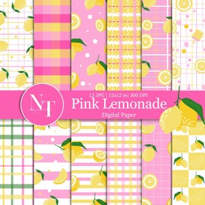 Puede incluir: Un conjunto de 12 papeles digitales con patrones de limones rosas y amarillos. Los papeles son de 30,5 x 30,5 cm y 300 DPI. El texto "Pink Lemonade" se muestra en una pancarta rosa.