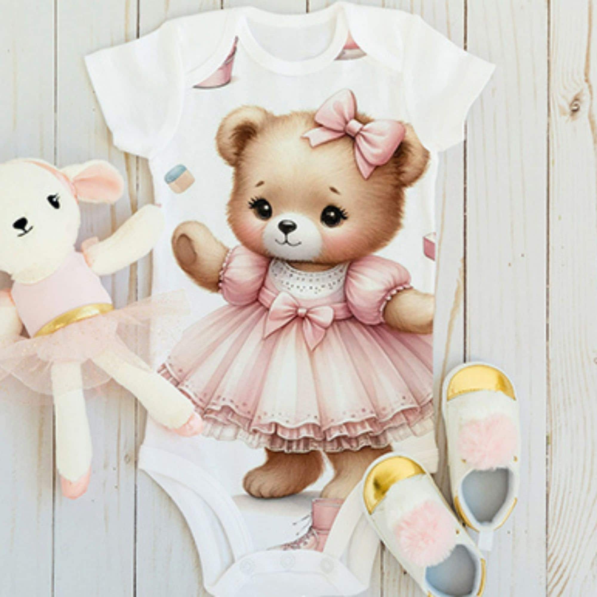 Baby Girl Velvet Stuff Dress In Bear Printed Design Pink Color main image 1