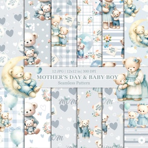 Fête des mères et bébé garçon, papier numérique bleu nounours, motif bébé ours, chambre de bébé sans couture, cadeau de scrapbooking nounours pour garçon