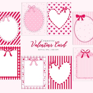 Peut inclure: Plusieurs cartes de Saint-Valentin roses et blanches avec divers motifs. Les cartes présentent des nœuds, des cœurs, des rayures et des cadres ovales ou en forme de cœur. Le texte "Coquette Valentine Card" est également visible.