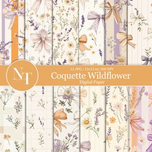 May include: A set of 12 digital papers featuring a floral pattern with white daisies, lavender, and delicate bows in shades of purple, pink, and orange. The papers are 12x12 inches and 300 DPI. The text "Coquette Wildflower Digital Paper" is displayed on the image.