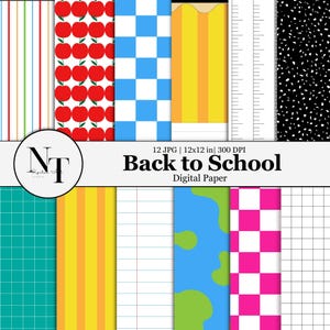 May include: A collection of digital paper designs with various patterns, including red apples, blue and white checkered, yellow and orange stripes, and a ruler. The text "Back to School" is displayed, indicating a school theme. The digital paper is 12x12 inches.