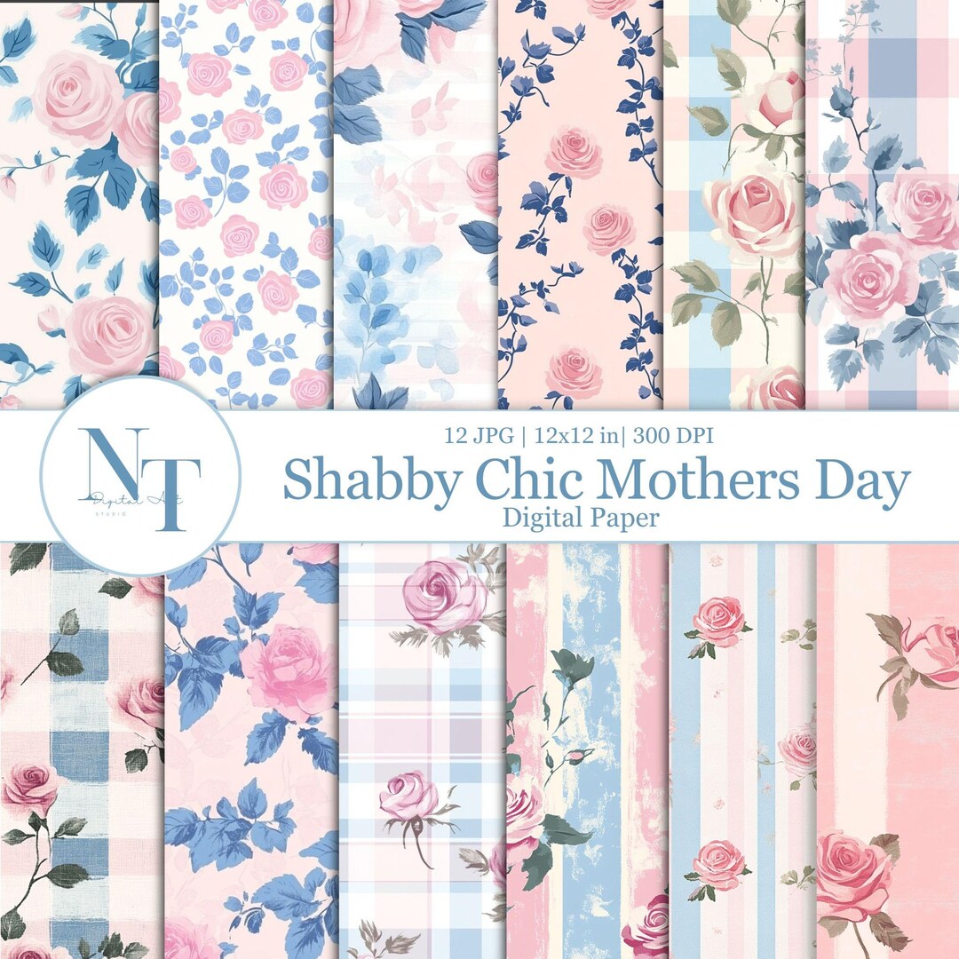 Shabby Chic Rose Digital Paper Pack, Blue and Pink Floral Cottagecore ...