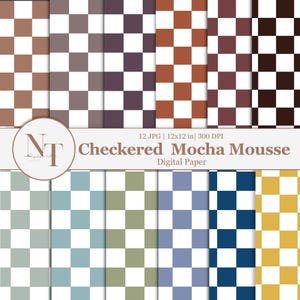 May include: A digital paper set featuring a variety of checkered patterns in shades of brown, purple, orange, and dark brown. Additional patterns include blue, green, and yellow. The text "Checkered Mocha Mousse Digital Paper" is displayed.