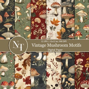 Vintage Cottagecore Pilze Digitales Papier, Pilz Motive Nahtlose Muster, Herbst Herbst Blätter Pritable Scrapbook Papier