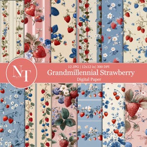 Grandmillennial Strawberry digital paper, Cottage Core Strawberry Seamless Pattern, Blue and Red Stripes, Printable Paper, Scrapbook Paper