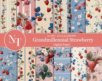 Grandmillennial Strawberry digital paper, Cottage Core Strawberry Seamless Pattern, Blue and Red Stripes, Printable Paper, Scrapbook Paper