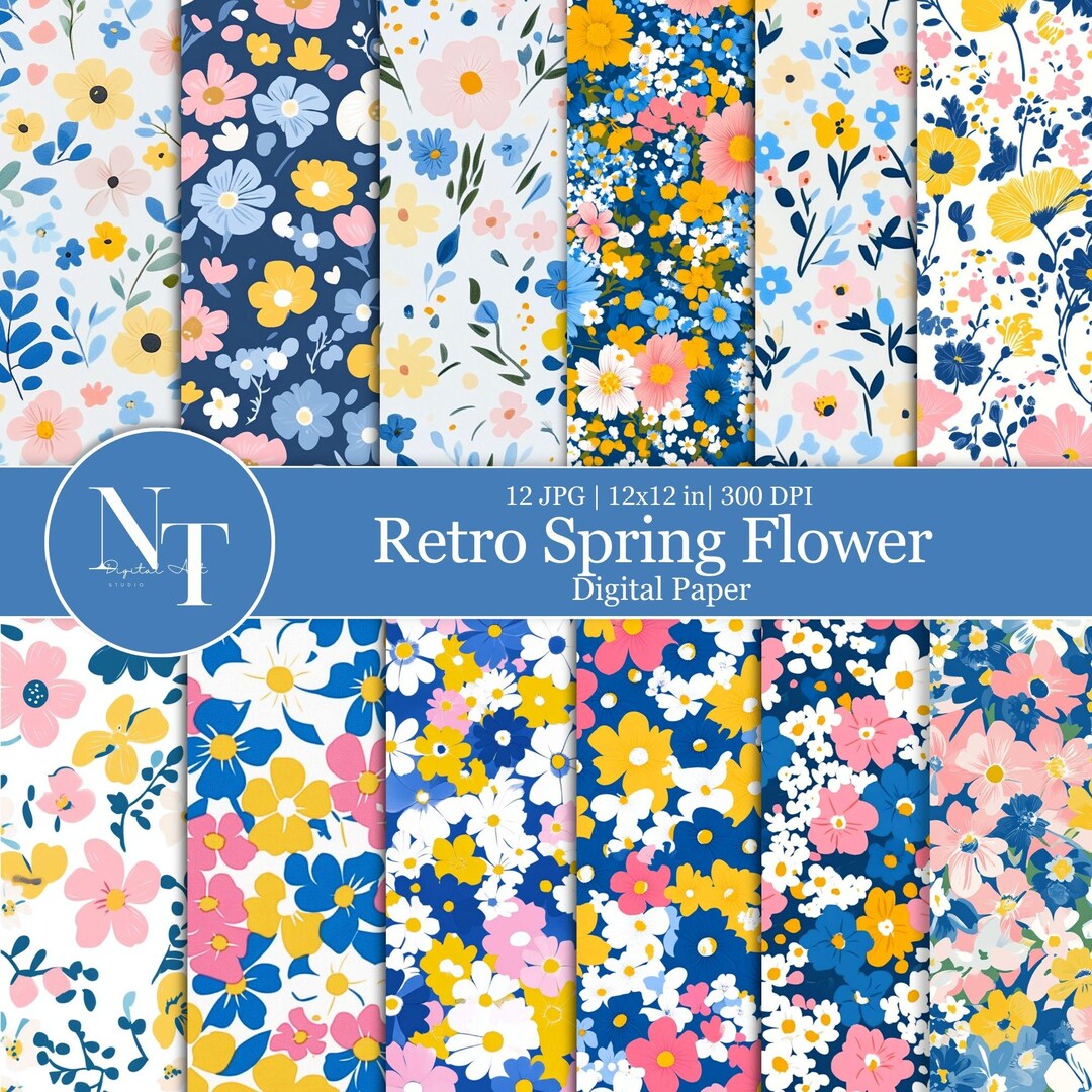 Retro Spring Floral Digital Paper, Vintage Flower Scrapbook Paper ...