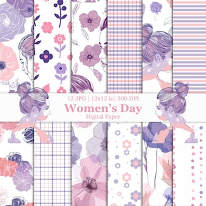 Internationaler Frauentag Digitales Papier, Girl Power Sammelalbum, Rosa Frühling Florales Nahtloses Muster, feministischer Planer, Messy Bun Geschenk für Sie