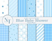 Blue Baby Shower Digital Paper, Baby Boy Pattern, Nursery Baby Boy Seamless, Stars Dots Stripes, Scrapbook gift for boy