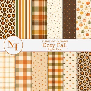Puede incluir: Una colección de doce papeles digitales con diseños otoñales que incluyen estampado de leopardo, rayas, cuadros, puntos y calabazas. El texto dice 12 JPG | 12x12 in| 300 DPI Cozy Fall Digital Paper.