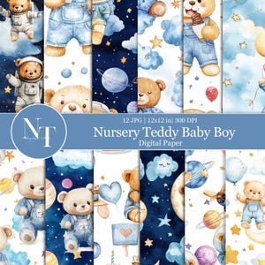 Nursery Baby Boy Digital Paper, Baby Bear Pattern, Teddy Bear Seamless, New Baby Scrapbook gift for boy