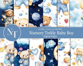 Nursery Baby Boy Digital Paper, Baby Bear Pattern, Teddy Bear Seamless, New Baby Scrapbook gift for boy