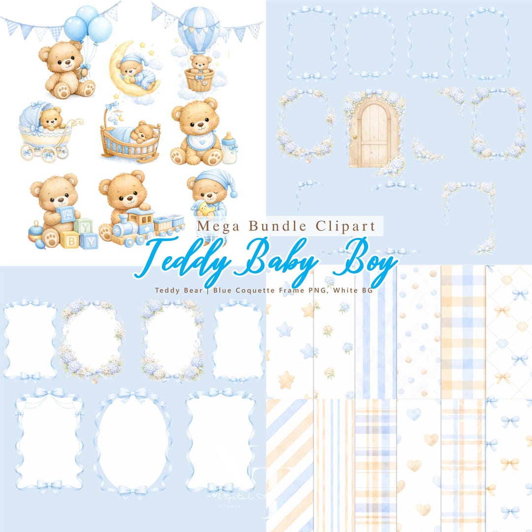 Teddy Bear Baby Shower Clipart Blue Coquette Bow Frame PNG, Watercolor ...
