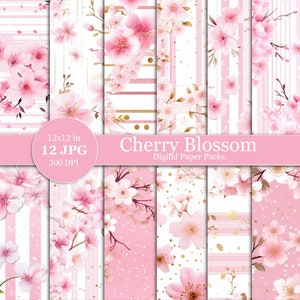Kirschblüte Digitale Papiere Sakura Papier Pack Frühling Blume Sammelalbum mit Rosa Streifen und Rosa Streifen gold Nahtlose Muster