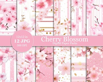 Cherry Blossom Digital Papers Sakura Paper Pack Spring Flower Scrapbook with Pink Stripes and Pink Stripes gold Seamless Pattern